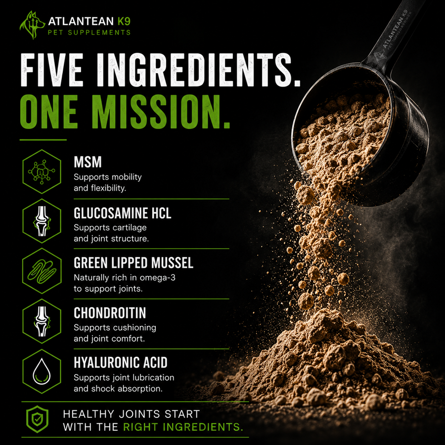 Promotional graphic for Atlanter K9 Pet Supplements featuring a black scoop pouring brown joint supplement powder onto a dark background. Text lists five ingredients: MSM, Glucosamine HCL, Green Lipped Mussel, Chondroitin, and Hyaluronic Acid, with icons and benefits.