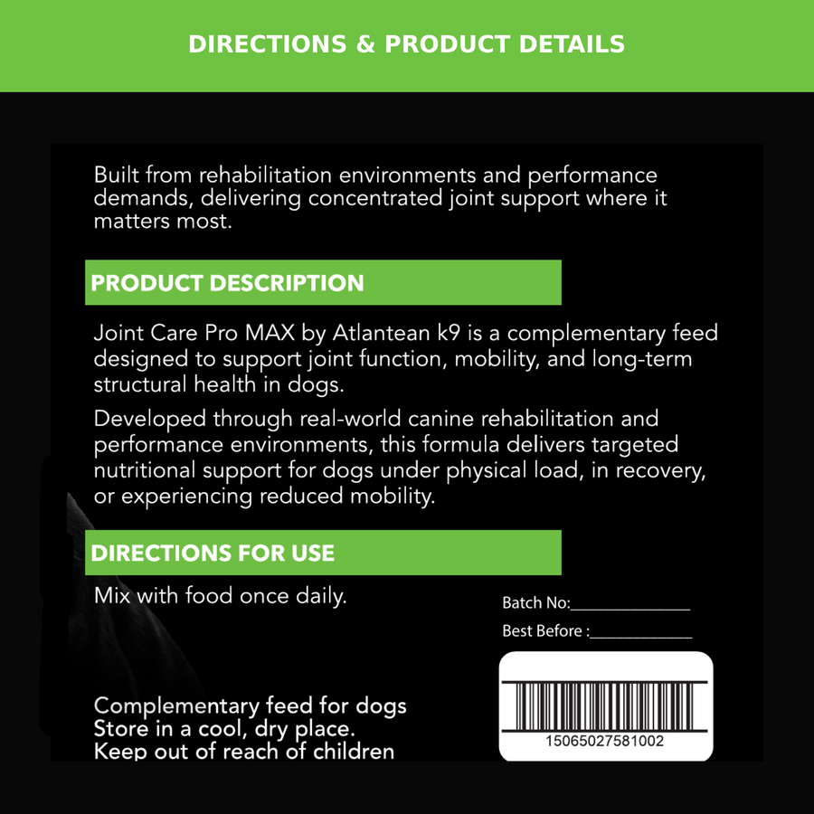 Joint Care PRO MAX approved product description, directions for use, storage details and barcode.