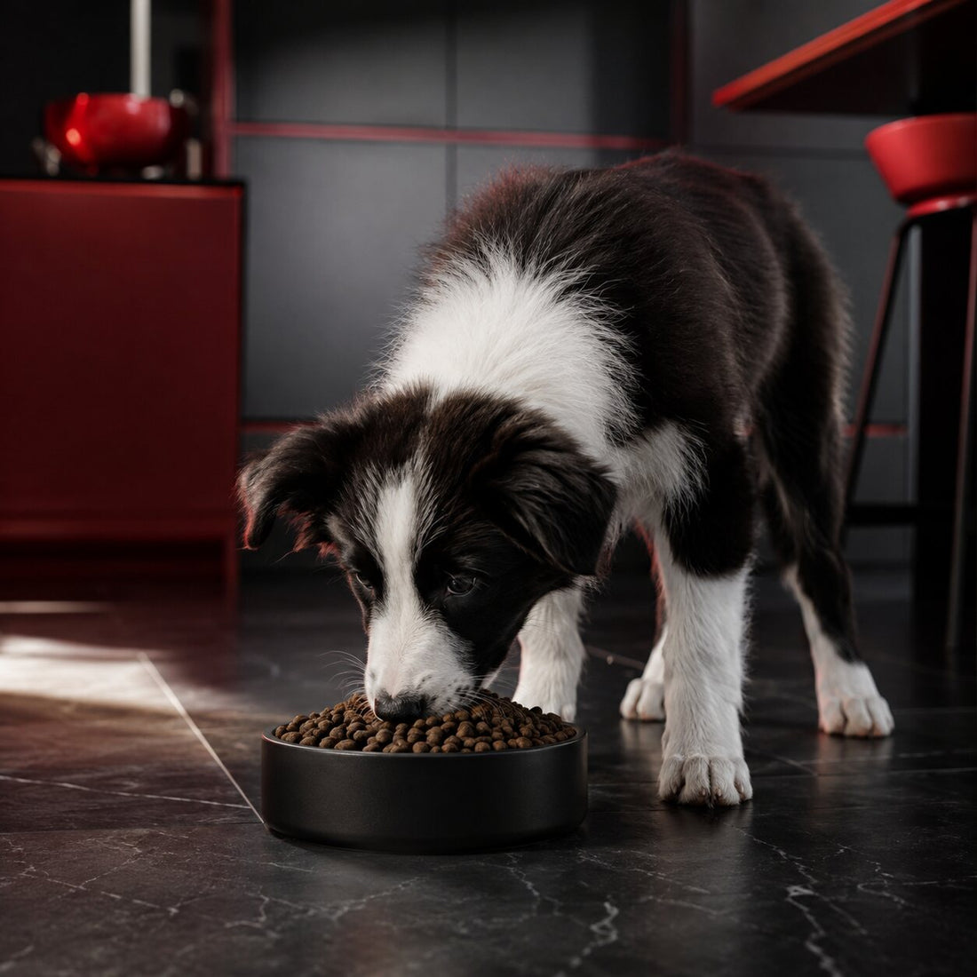 Border Collie puppy eating Angus Beef kibble from a black bowl