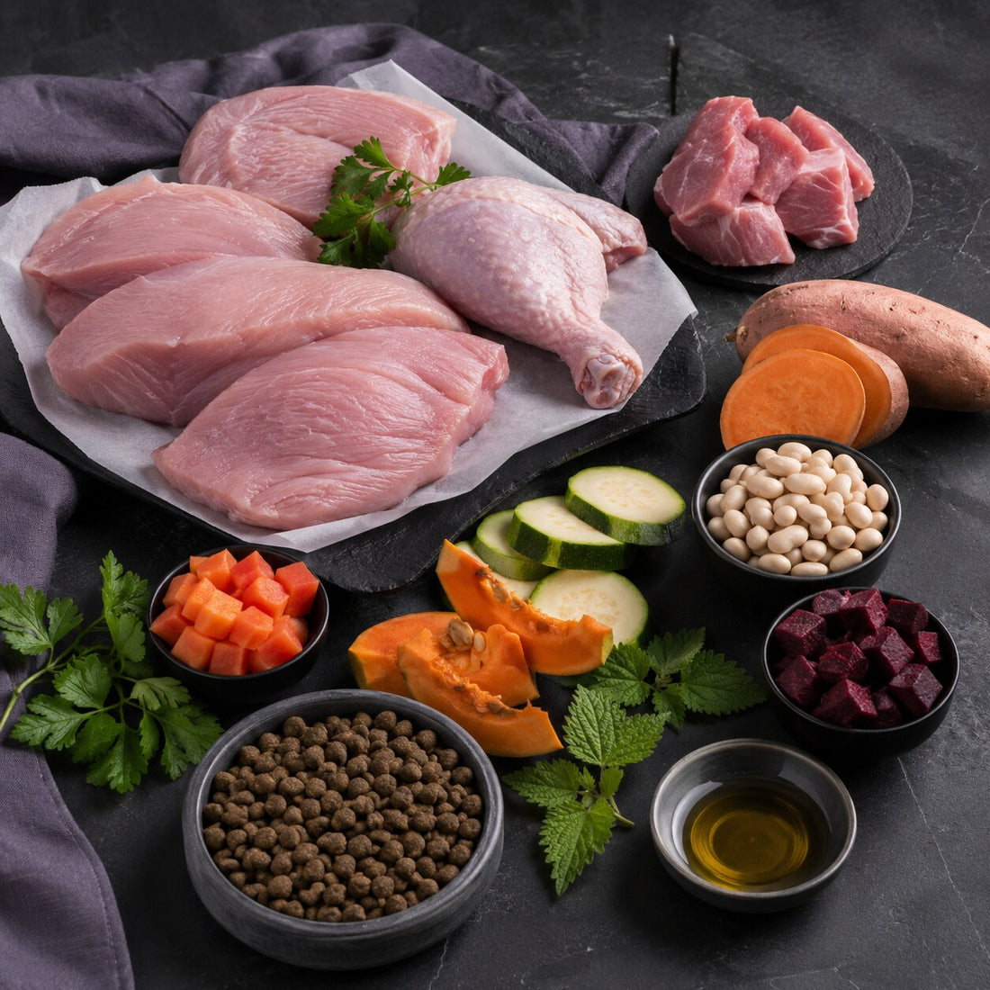 British turkey, pork, sweet potato, superfoods, oil and puppy kibble