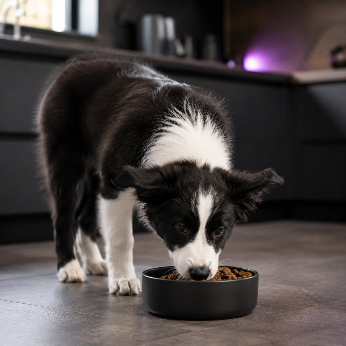 Border Collie puppy eating British Turkey kibble from a black bowl