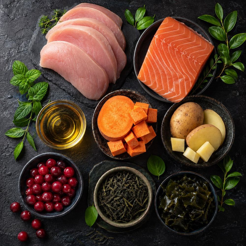 Turkey, salmon, sweet potato, potato and Plaque Defence ingredients