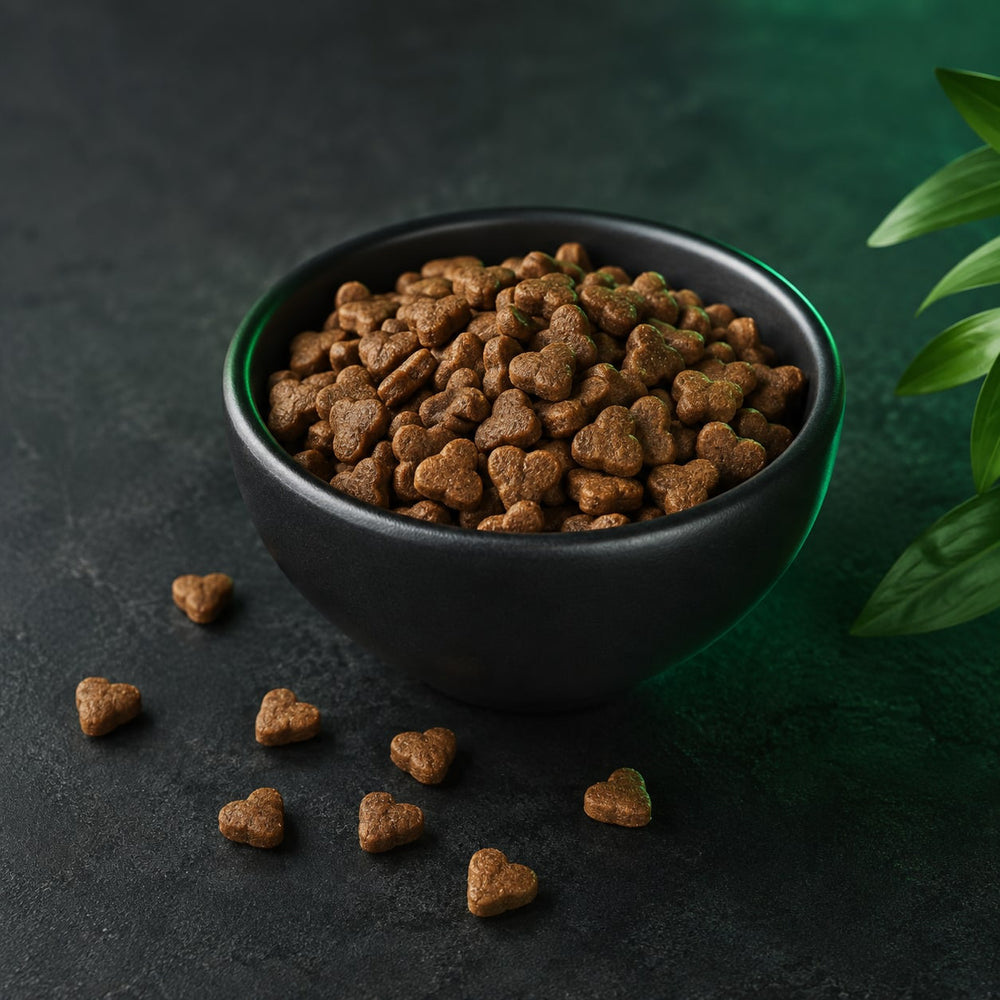 Heart-shaped Dental Care kibble in a dark ceramic bowl