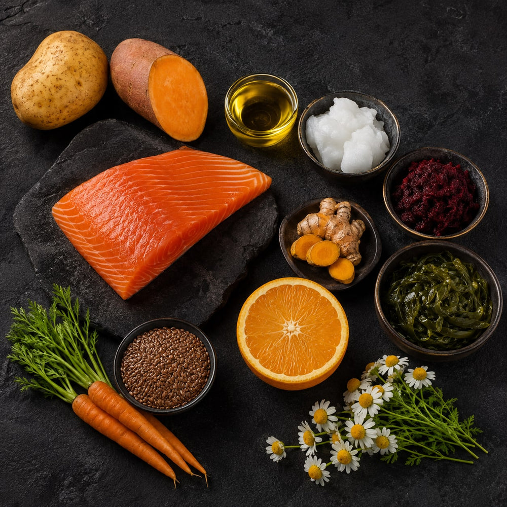 Salmon, potato, sweet potato, oils and Healthy Living wellness ingredients
