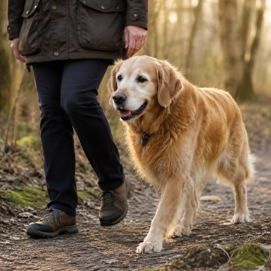 Senior dog enjoying a comfortable woodland walk