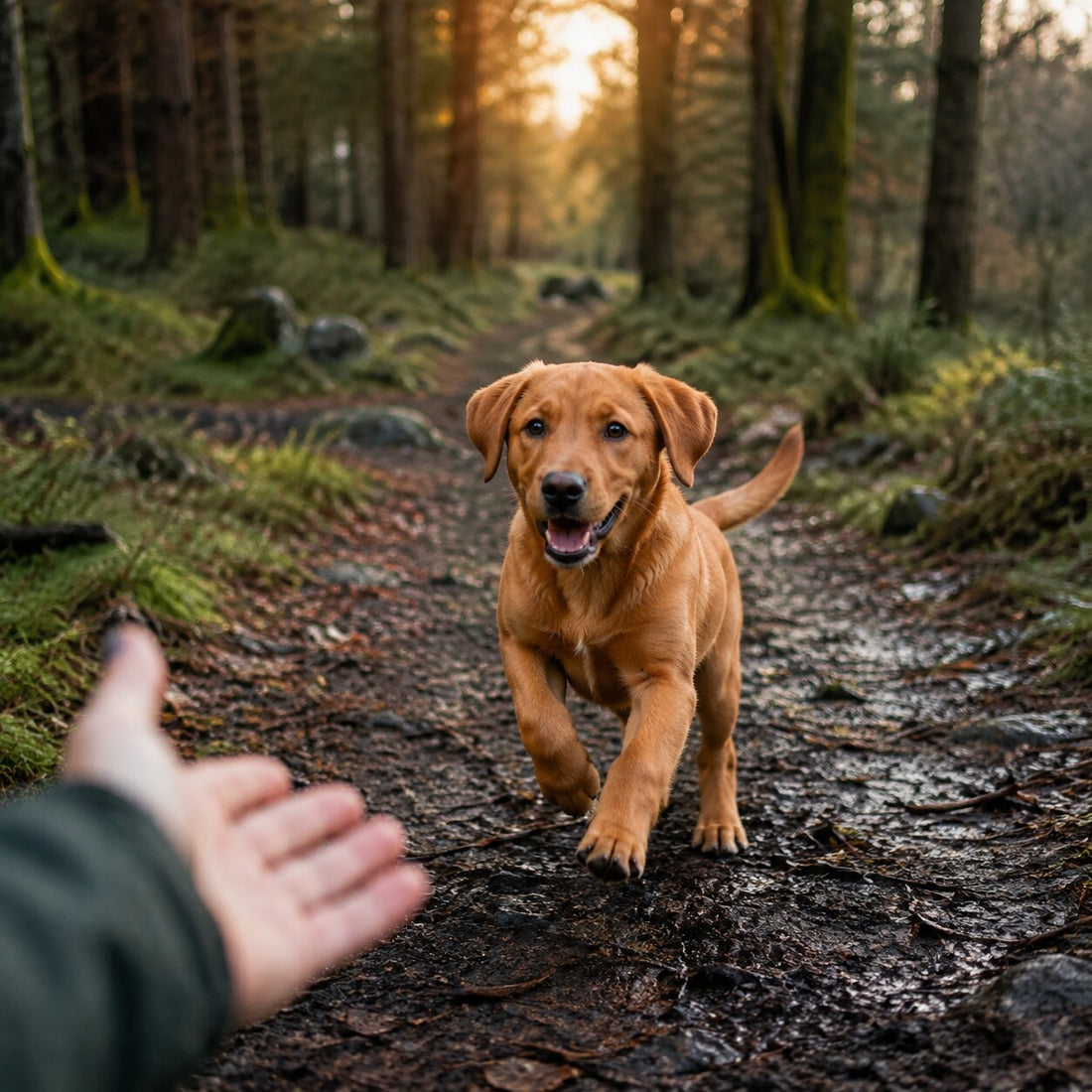 Fox-red Labrador puppy returning to its owner during woodland recall training