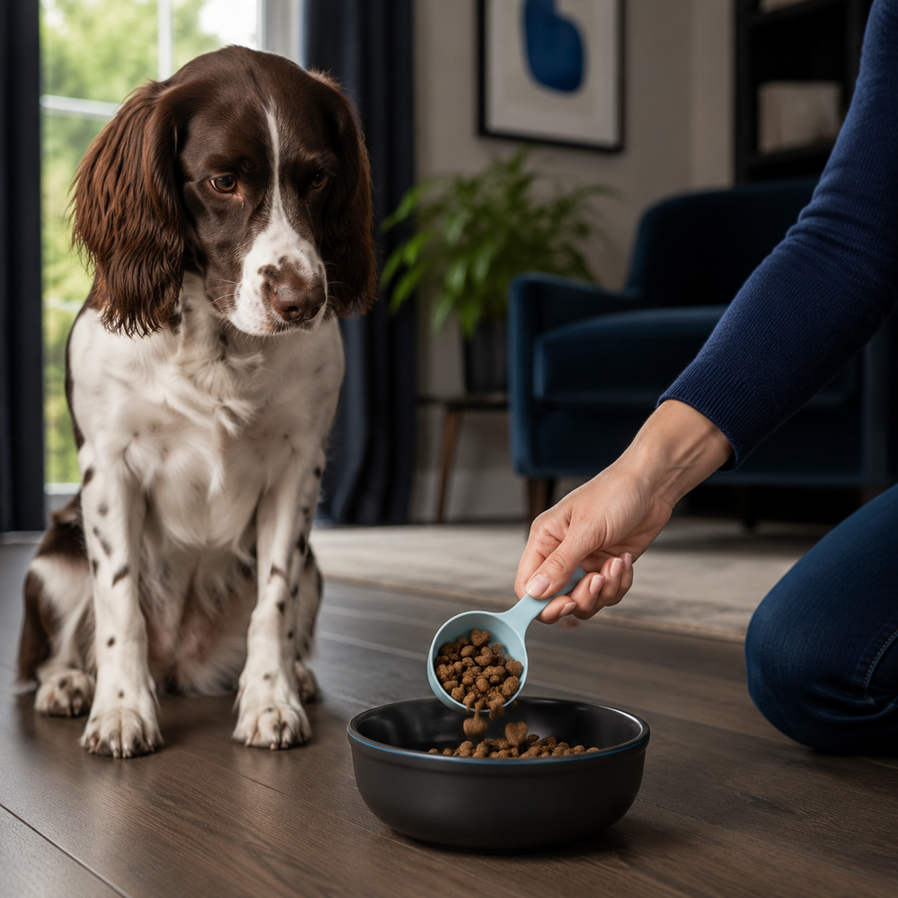 Owner measuring Weight Management and Joint Care kibble at mealtime