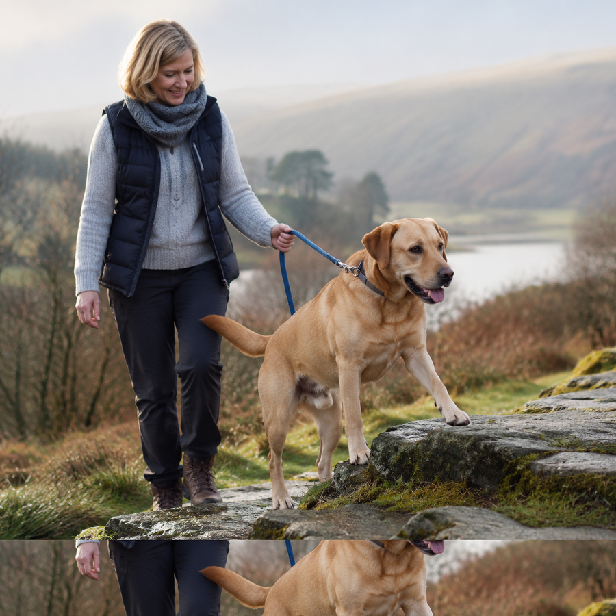 Mature dog moving comfortably with its owner outdoors