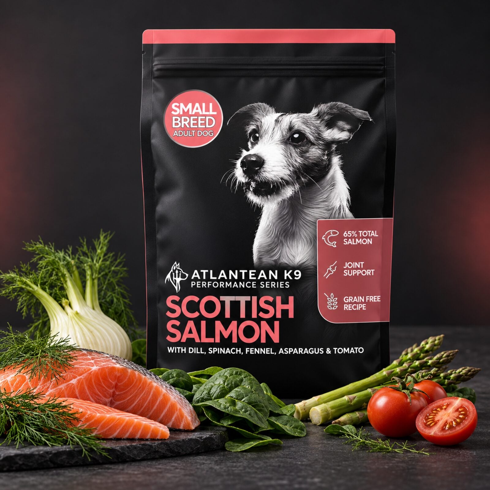 Atlantean K9 Scottish Salmon Small Breed Adult dog food bag with salmon, dill, spinach, fennel, asparagus and tomato