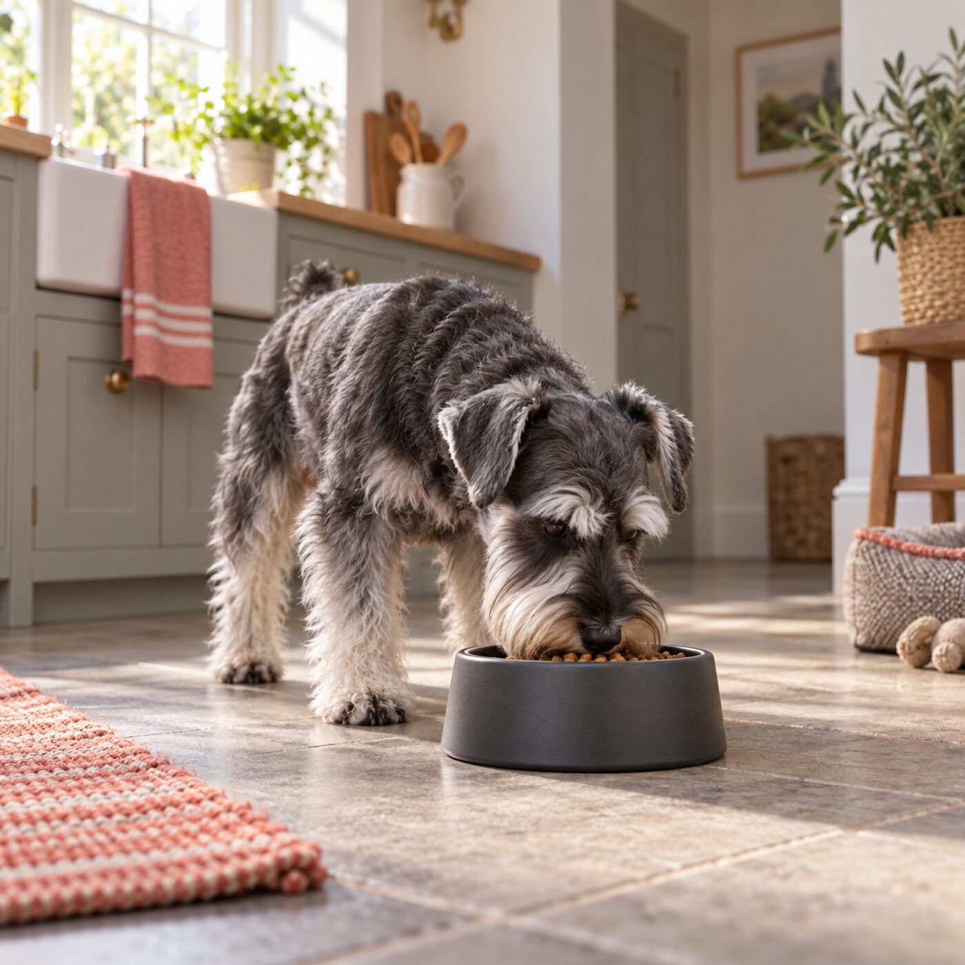 Adult Miniature Schnauzer eating small kibble from a bowl at home