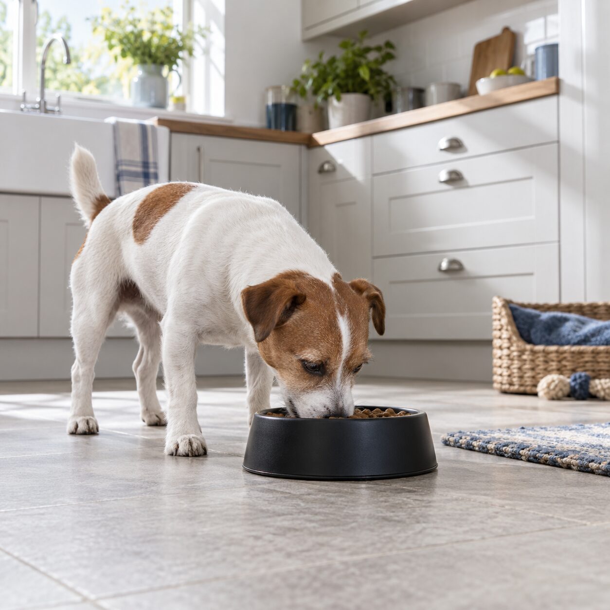 Adult Jack Russell terrier eating small kibble from a bowl at home