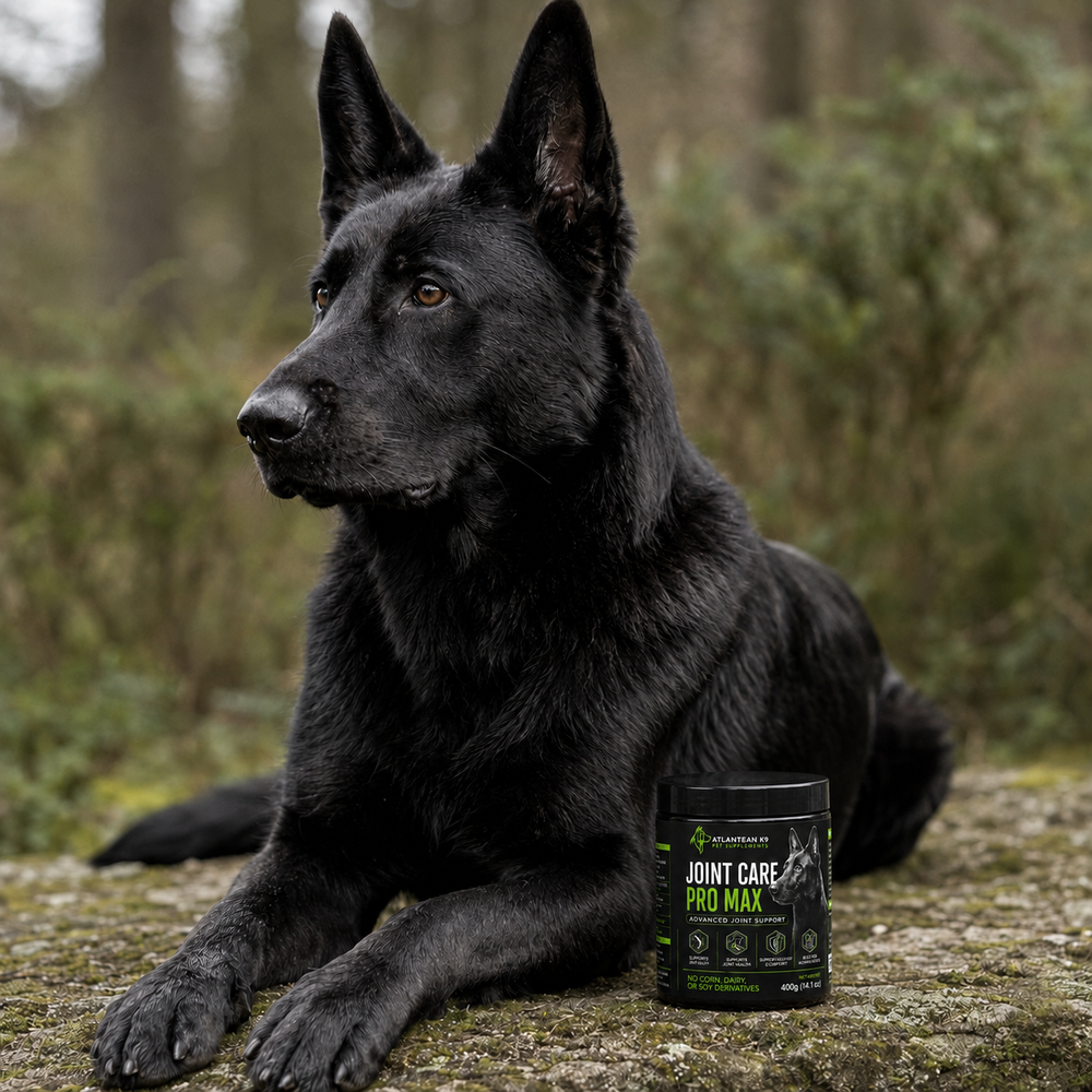 Black German Shepherd resting beside a correctly scaled 400g Atlantean K9 Joint Care PRO MAX tub in woodland.
