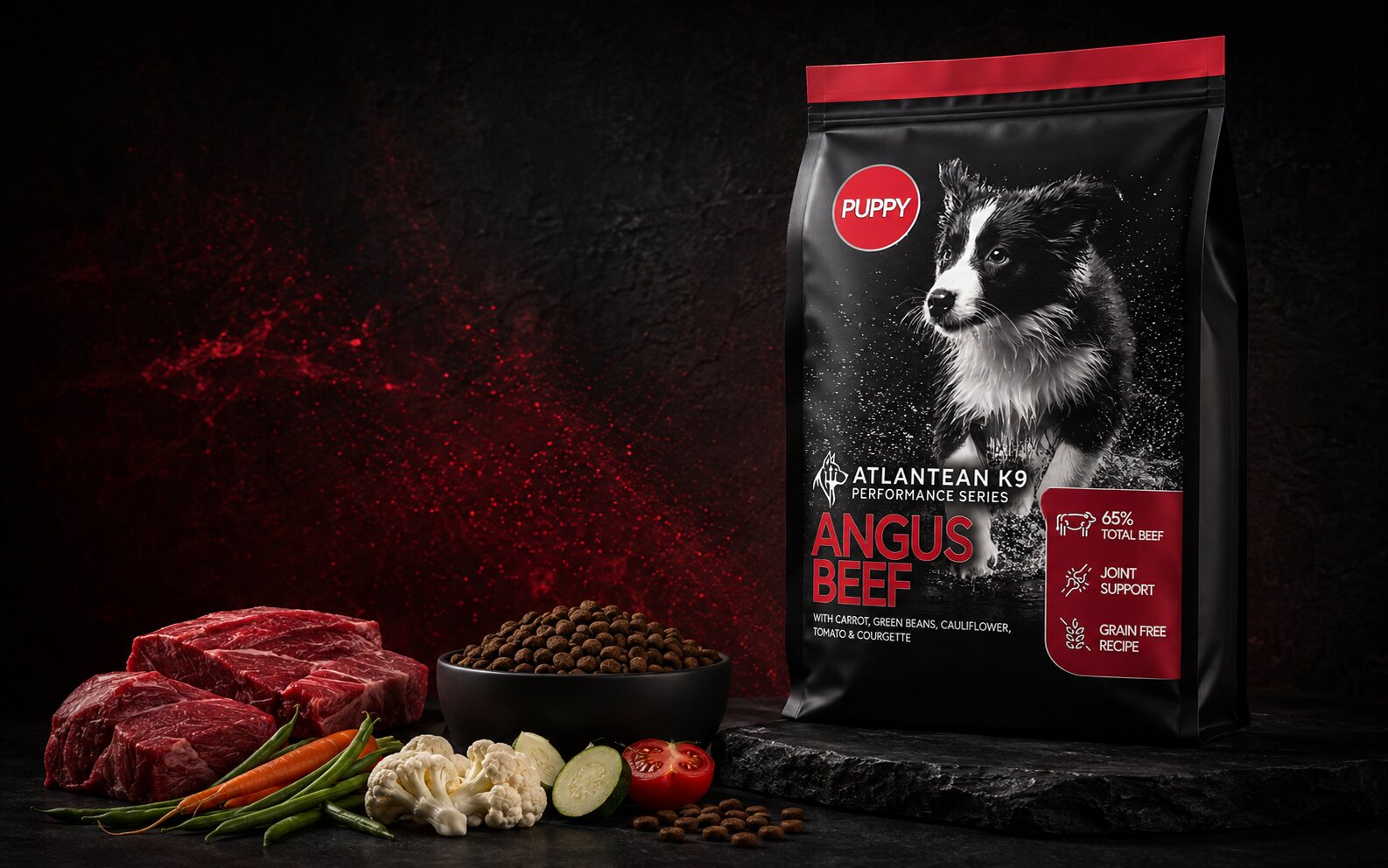 Atlantean K9 Performance Series Angus Beef puppy food with beef, vegetables and kibble