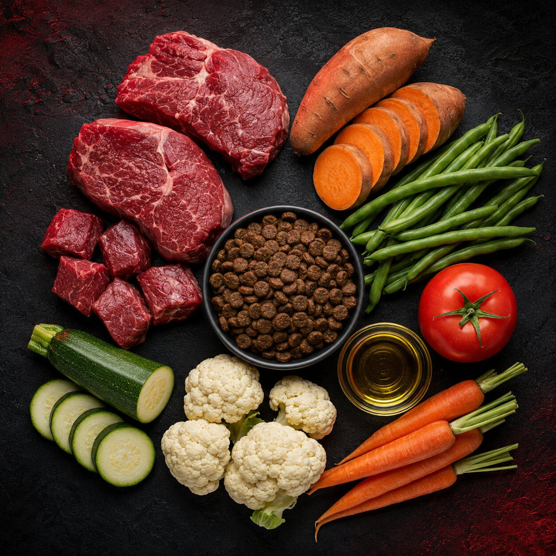 Angus beef, sweet potato, vegetables, oil and puppy kibble