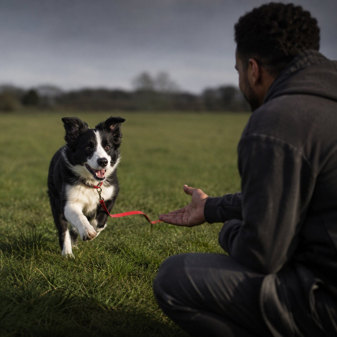 Border Collie puppy returning to its owner during recall training