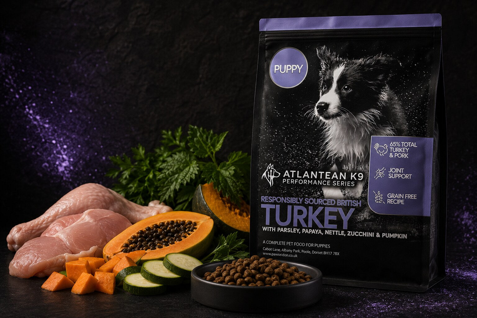 Atlantean K9 Performance Series British Turkey puppy food with turkey, vegetables and kibble