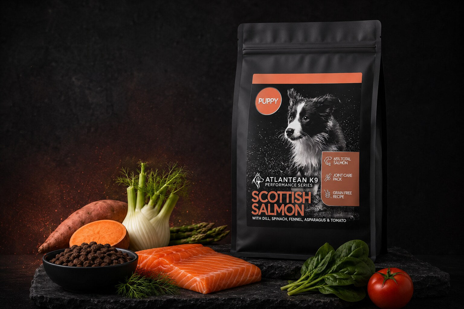 Atlantean K9 Performance Series Scottish Salmon puppy food with salmon, vegetables and kibble