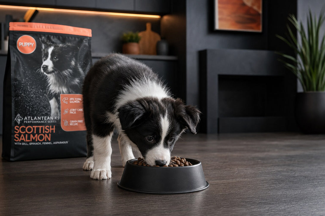 Border Collie puppy eating Scottish Salmon kibble from a black bowl