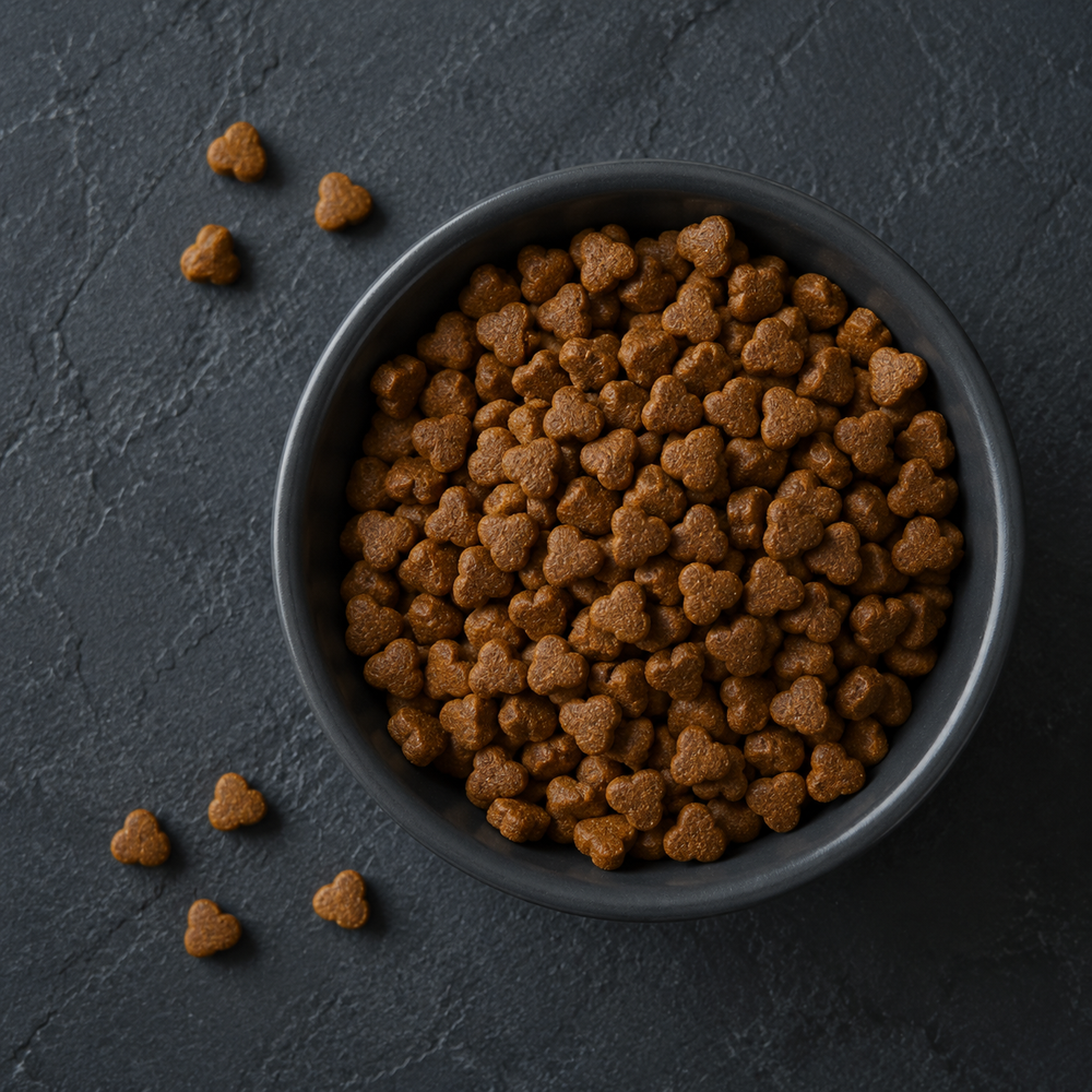 Heart-shaped Digestive Care kibble in a bowl
