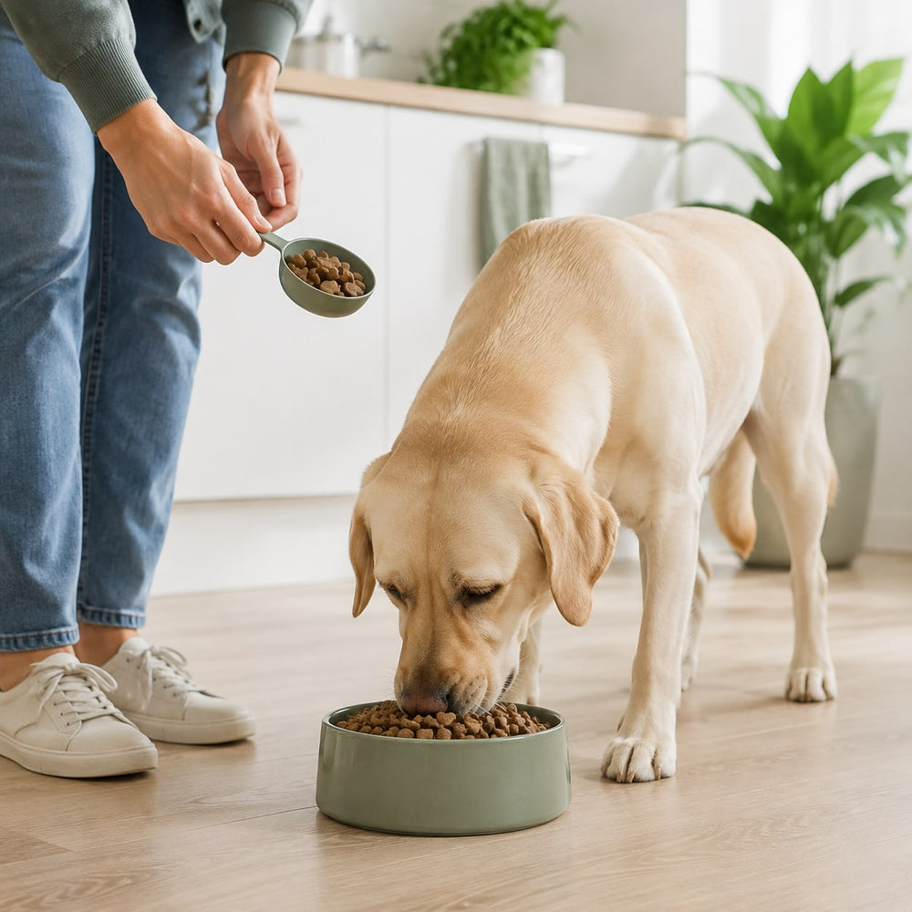 Adult dog eating Dental Care heart-shaped kibble at a measured mealtime