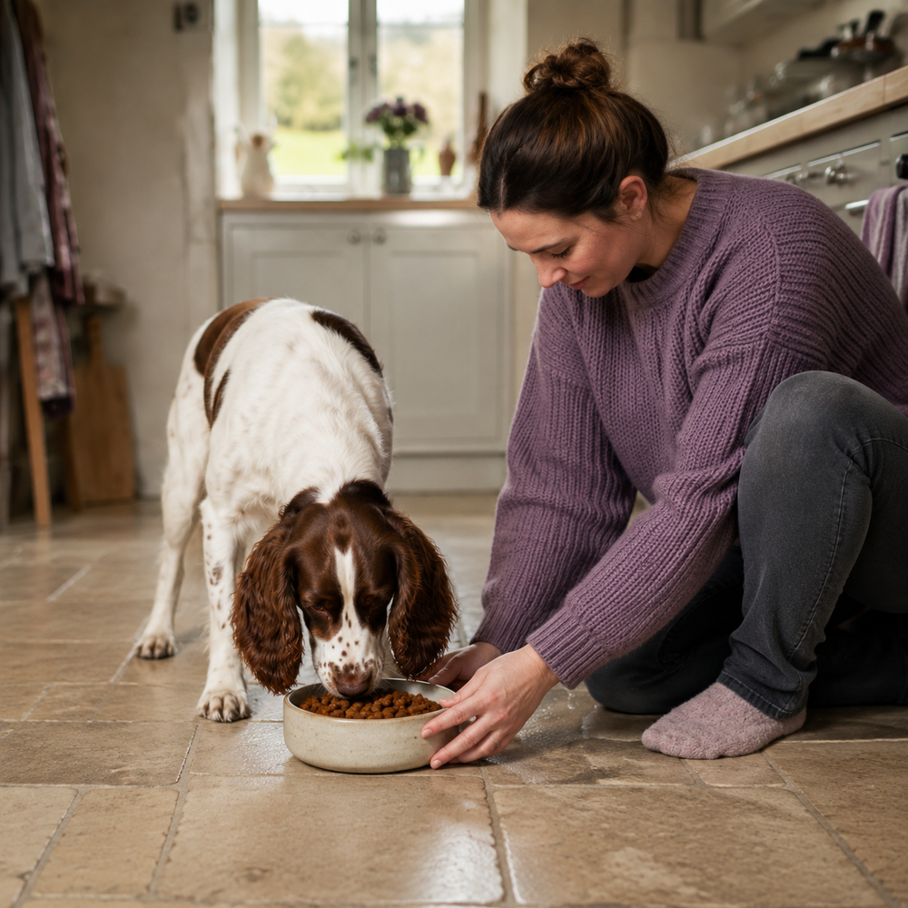 Adult dog enjoying a calm Digestive Care mealtime