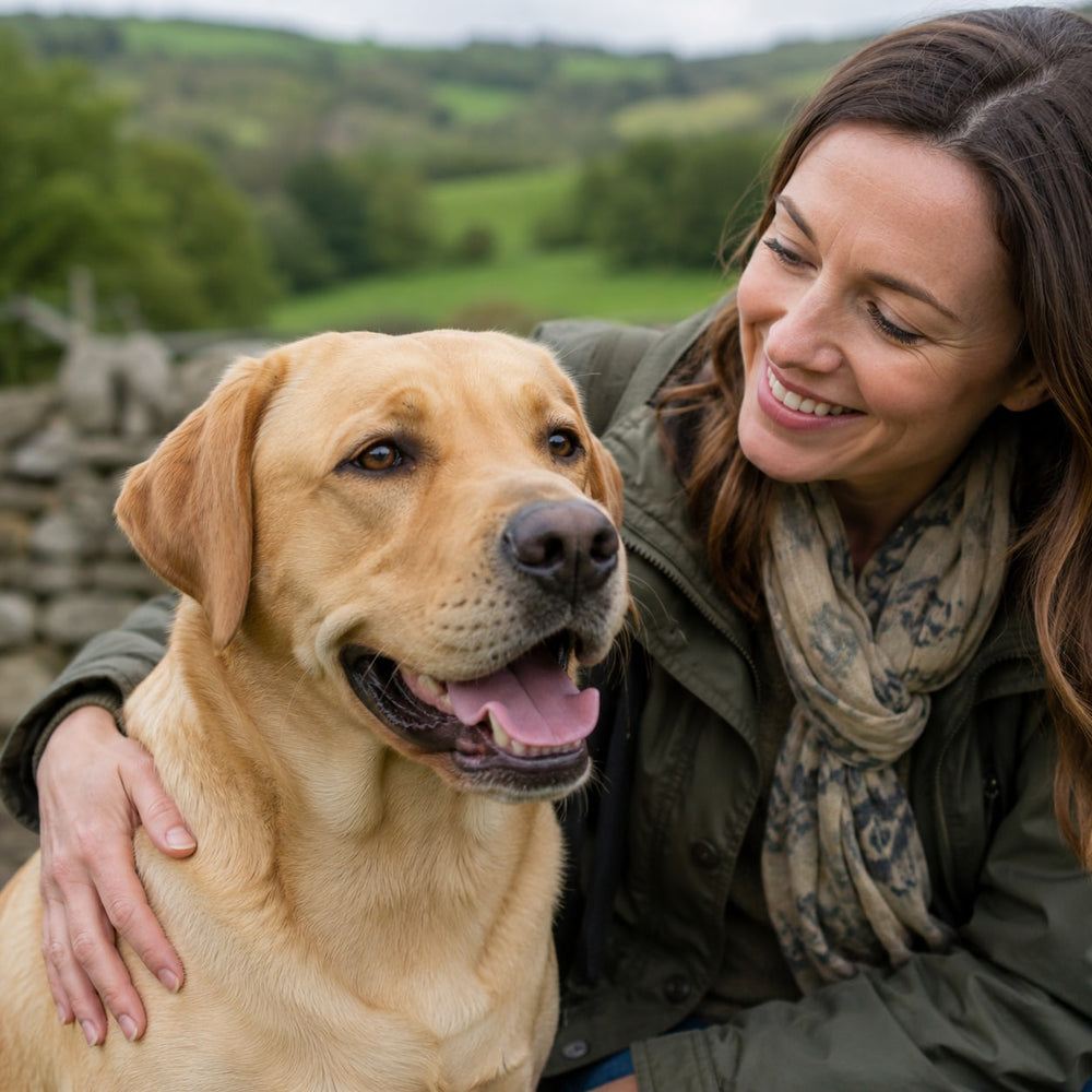 Happy healthy dog with its owner outdoors