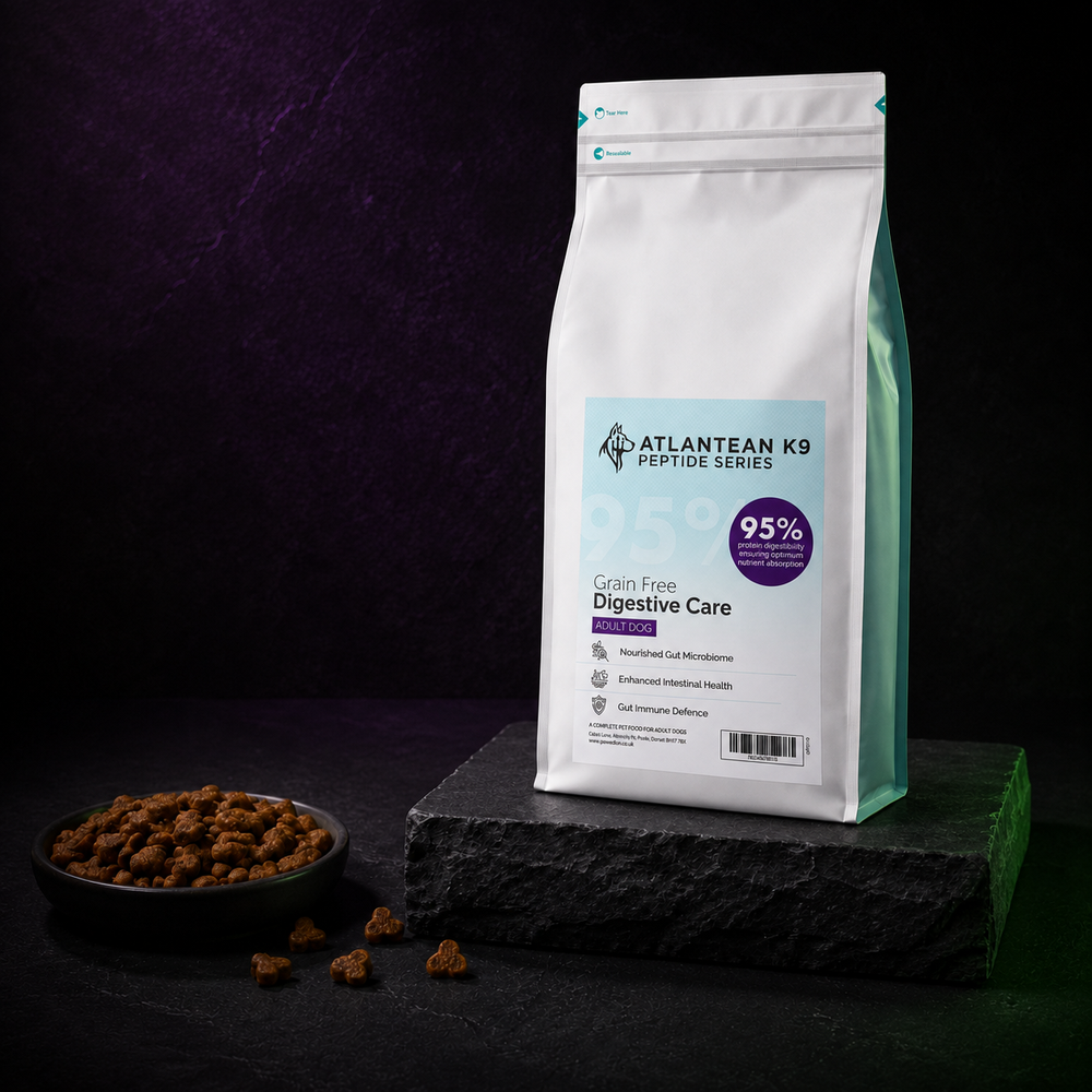 Atlantean K9 Digestive Care food bag displayed beside its heart-shaped kibble