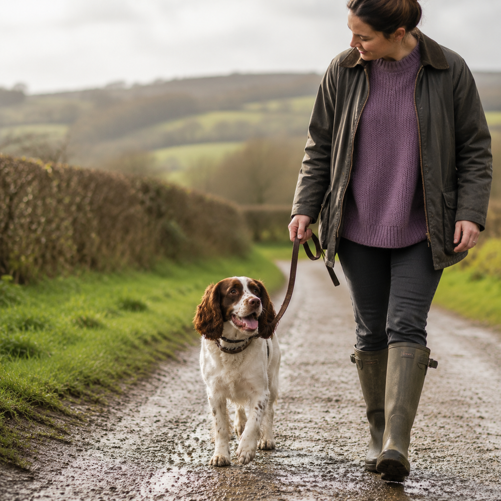 Adult dog enjoying a comfortable countryside walk