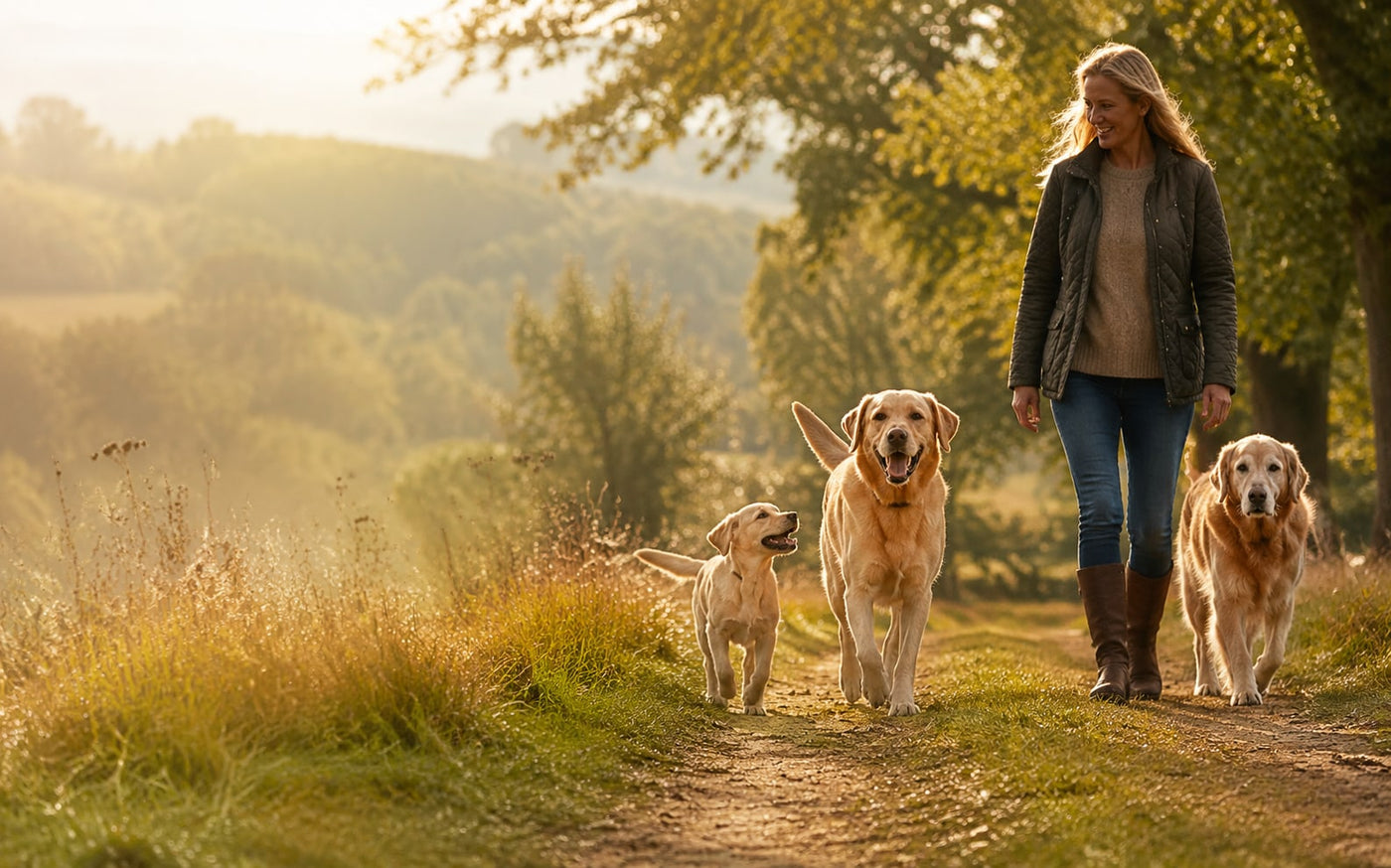Puppy, adult and senior dogs walking with their owner