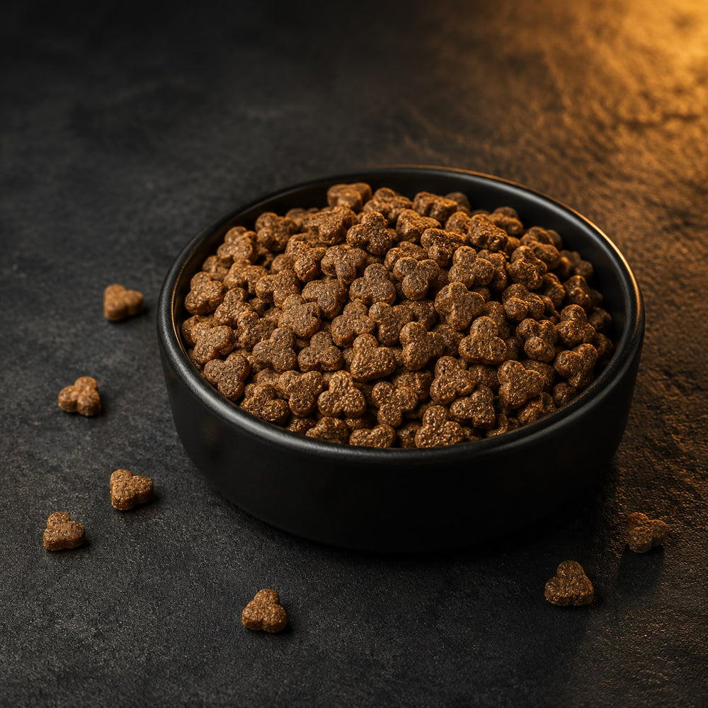 Heart-shaped Healthy Living kibble in a dark ceramic bowl