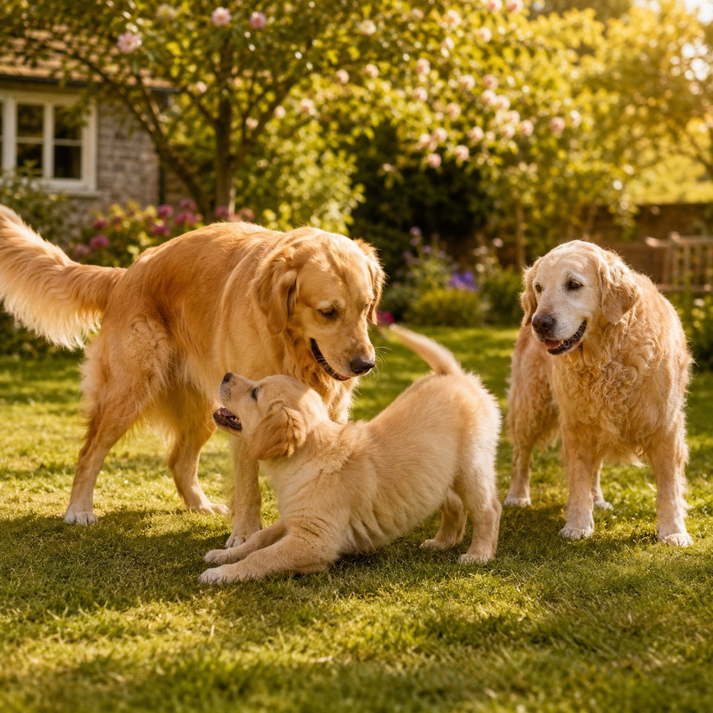 Puppy, adult and senior dogs together in a garden