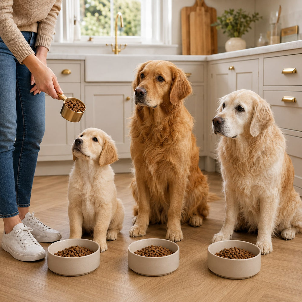 Puppy, adult and senior dogs waiting at a measured mealtime