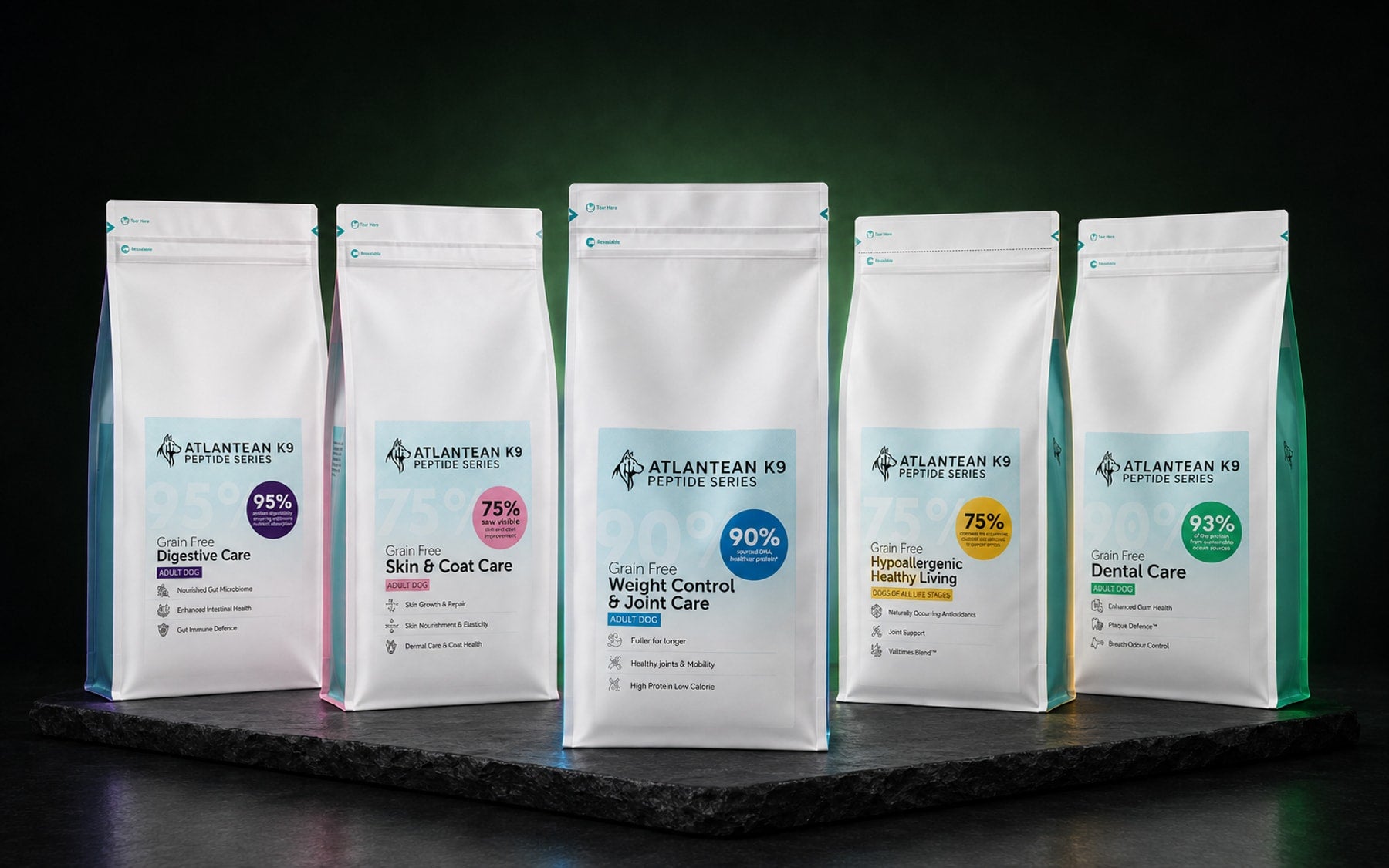 Five Atlantean K9 Peptide Series dog food formulas displayed together