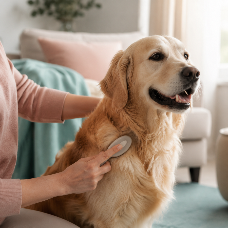 Healthy adult dog having its well-conditioned coat gently brushed