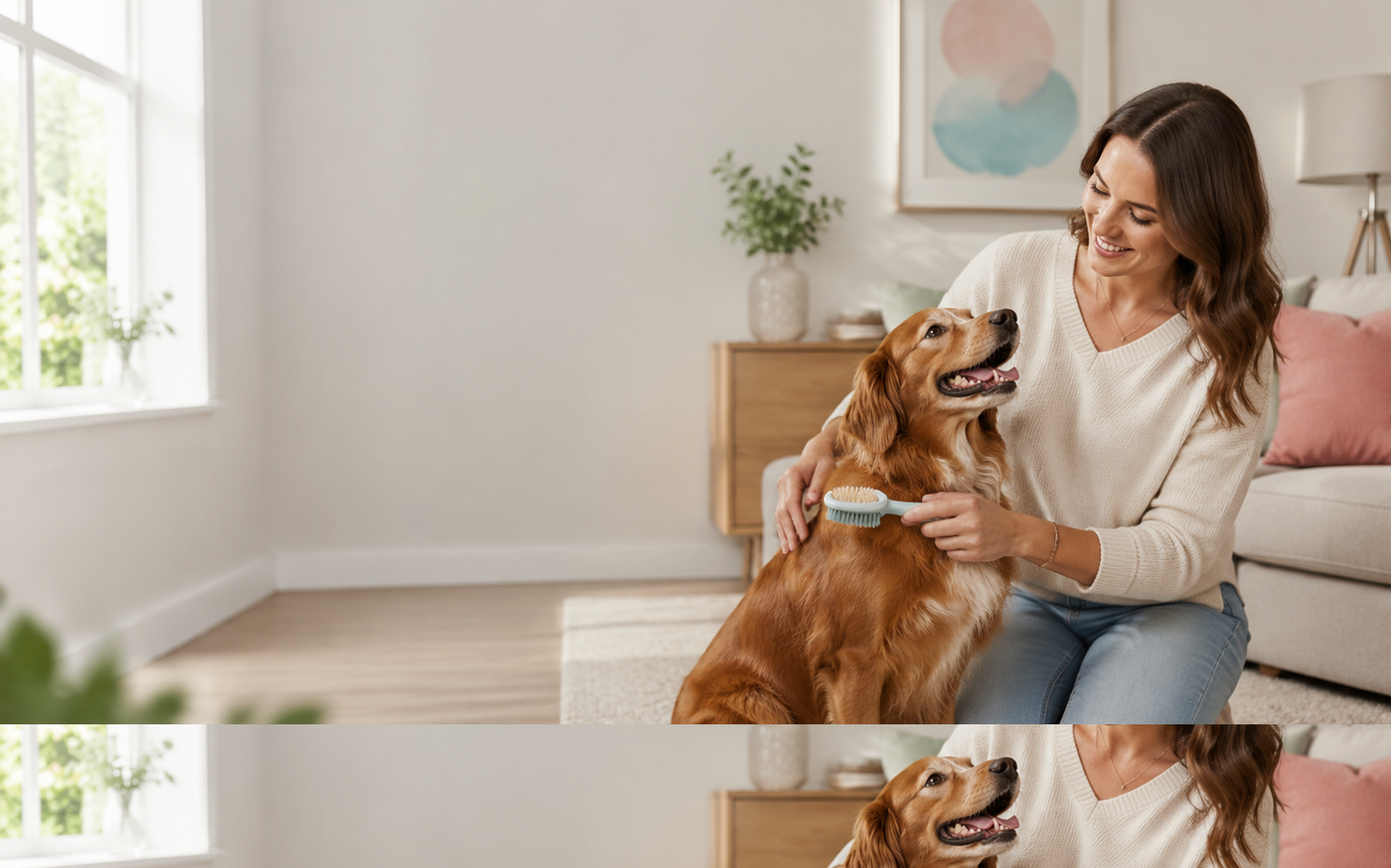 Owner gently brushing a relaxed dog with a healthy glossy coat