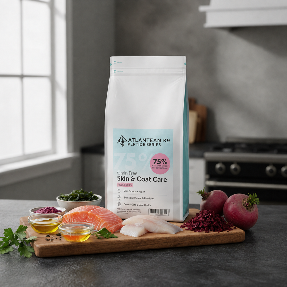 Atlantean K9 Skin and Coat Care bag with salmon, white fish, oils, beetroot and algae