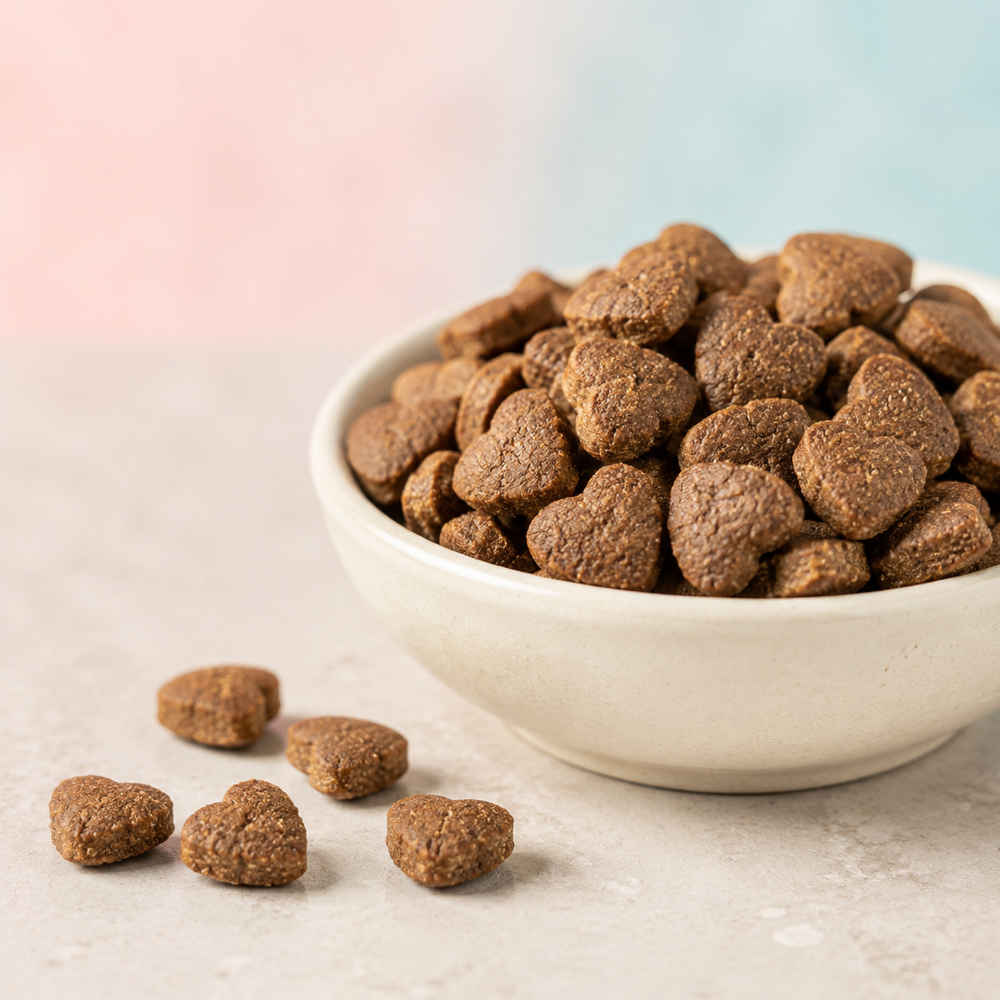 Heart-shaped Skin and Coat Care kibble in a ceramic bowl