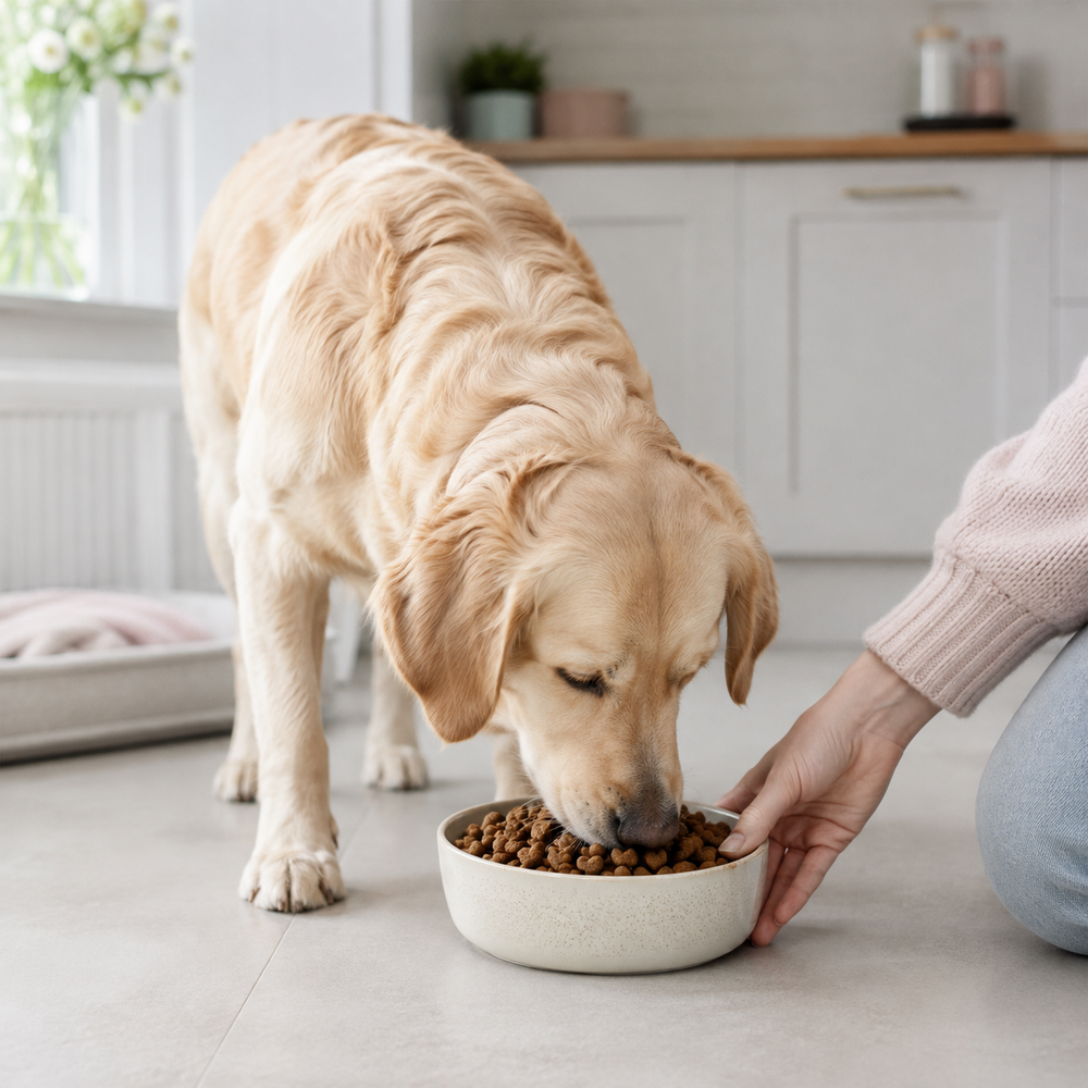 Adult dog enjoying Skin and Coat Care kibble at a calm mealtime