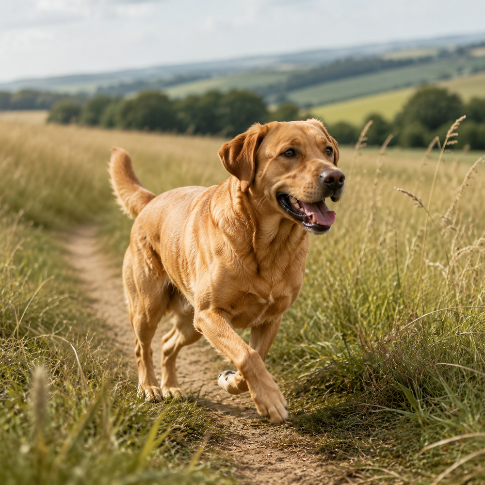 Healthy adult dog with a glossy coat enjoying a countryside walk