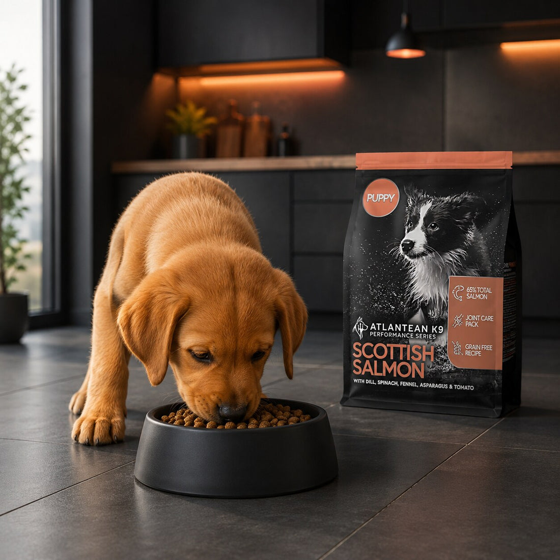 Fox-red Labrador puppy eating Scottish Salmon kibble from a black bowl