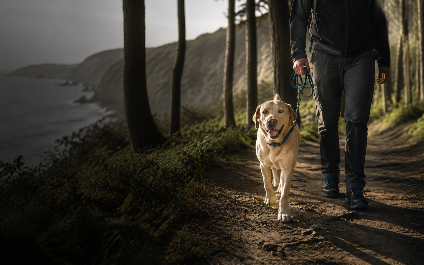 Healthy adult dog walking comfortably beside its owner