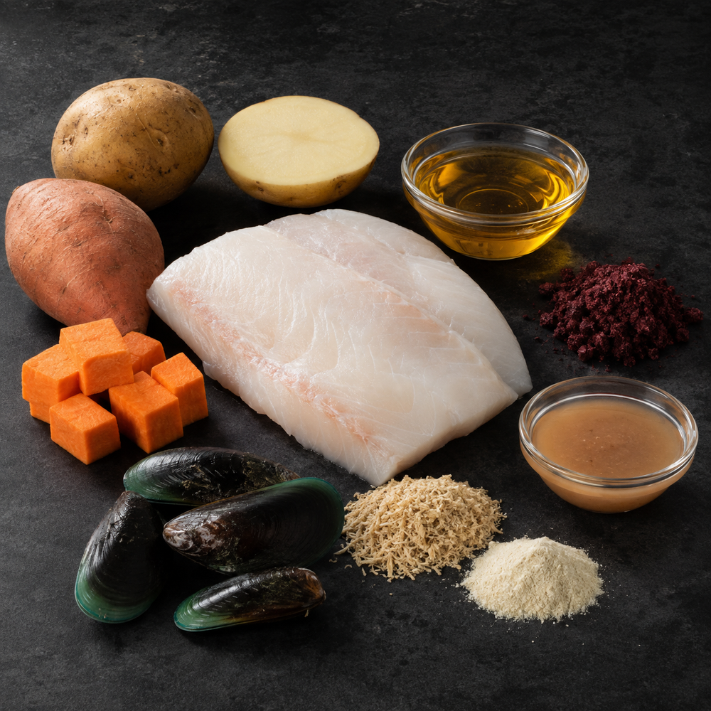 White fish, potato, sweet potato, salmon oil, beet pulp and green-lipped mussels