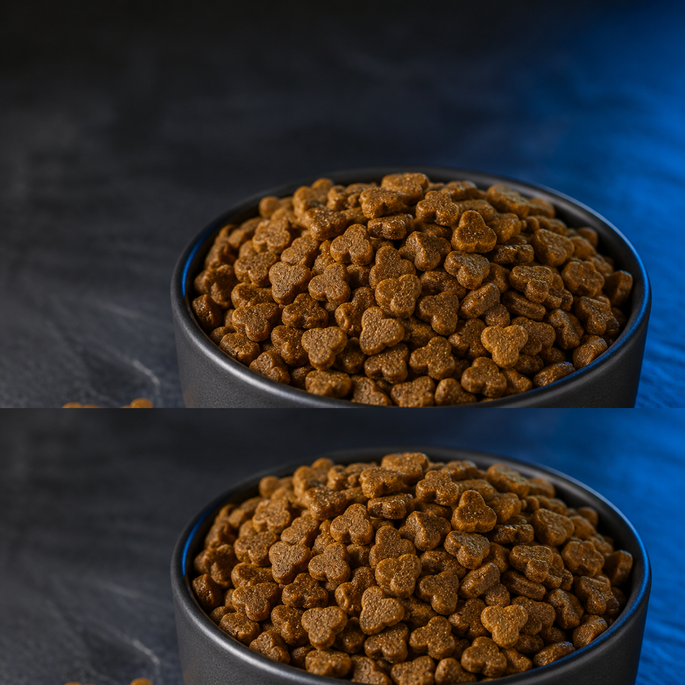 Heart-shaped Weight Management and Joint Care kibble in a dark ceramic bowl