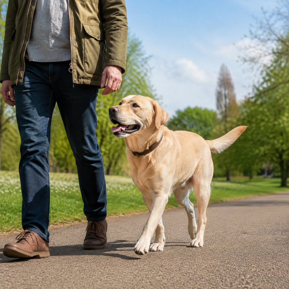 Healthy adult dog enjoying a comfortable park walk with its owner