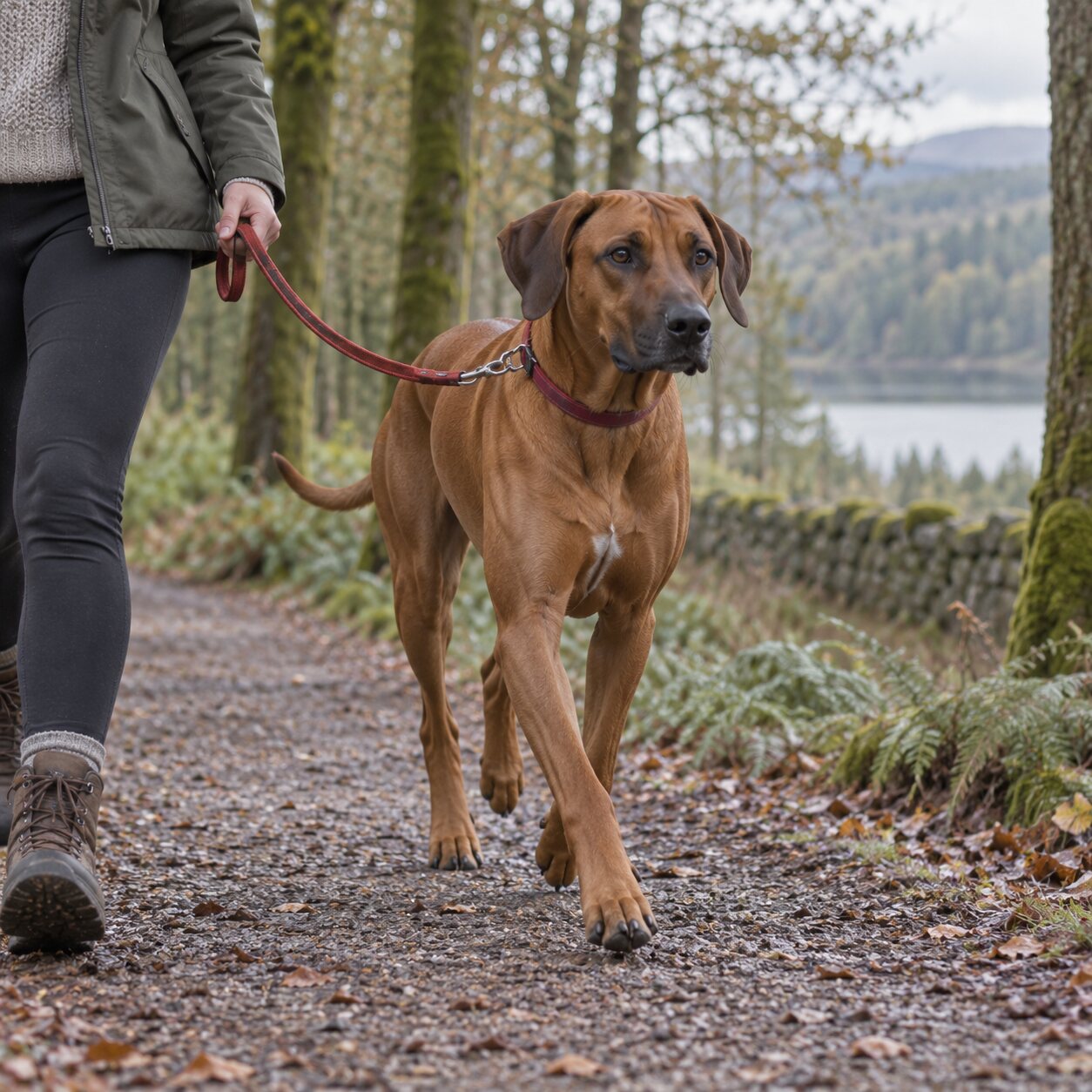 Adult Rhodesian Ridgeback walking with its owner on a British woodland trail