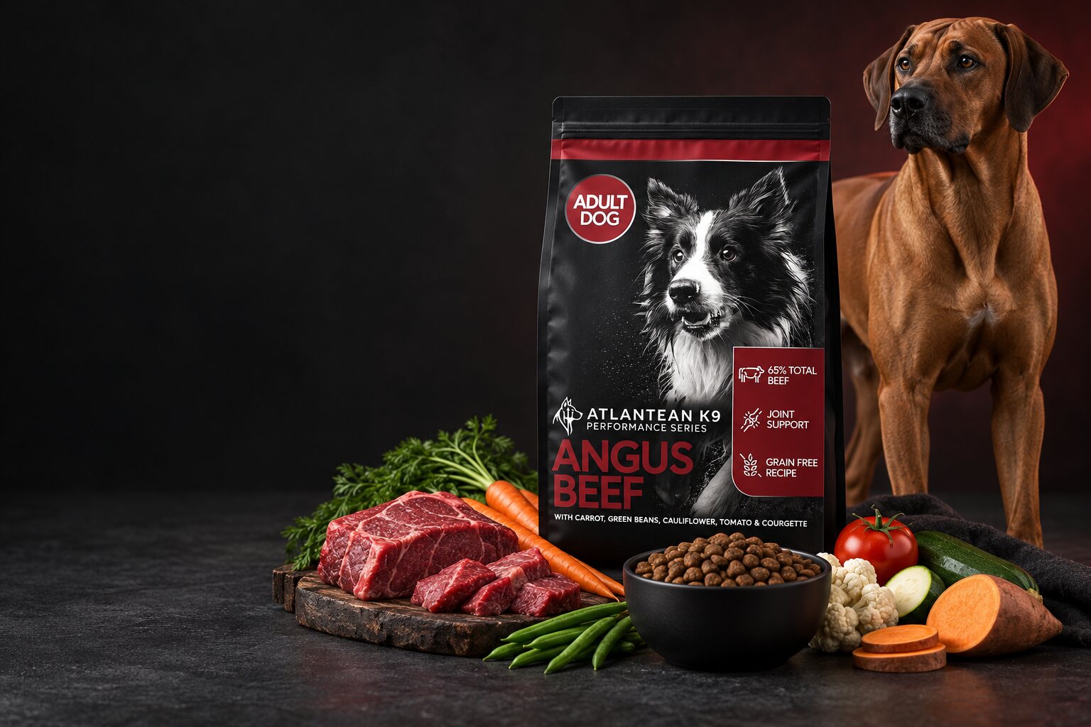 Atlantean K9 Performance Series Angus Beef adult dog food with beef, vegetables, kibble and an adult Rhodesian Ridgeback