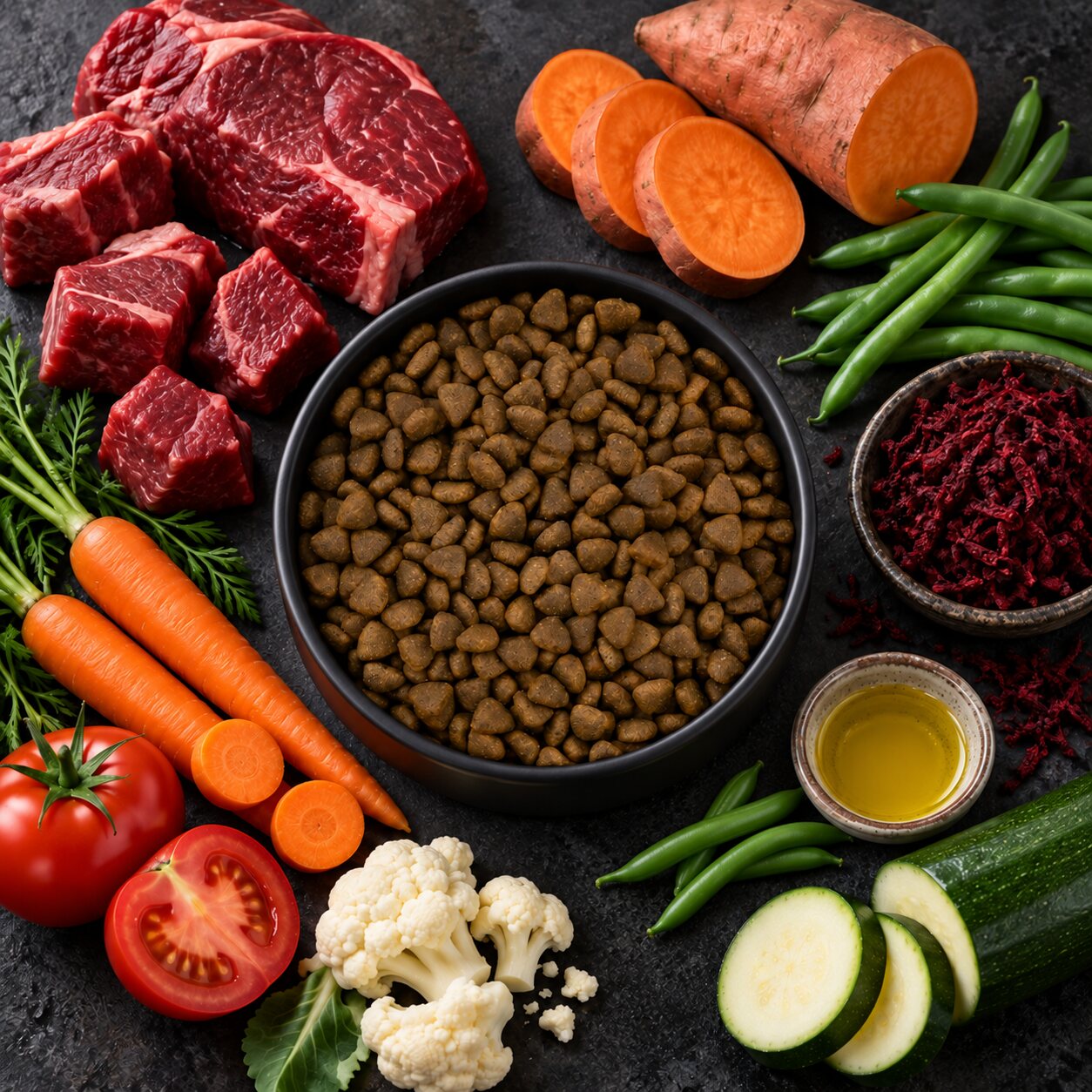 Angus beef, sweet potato, vegetables, omega oil and adult dog kibble