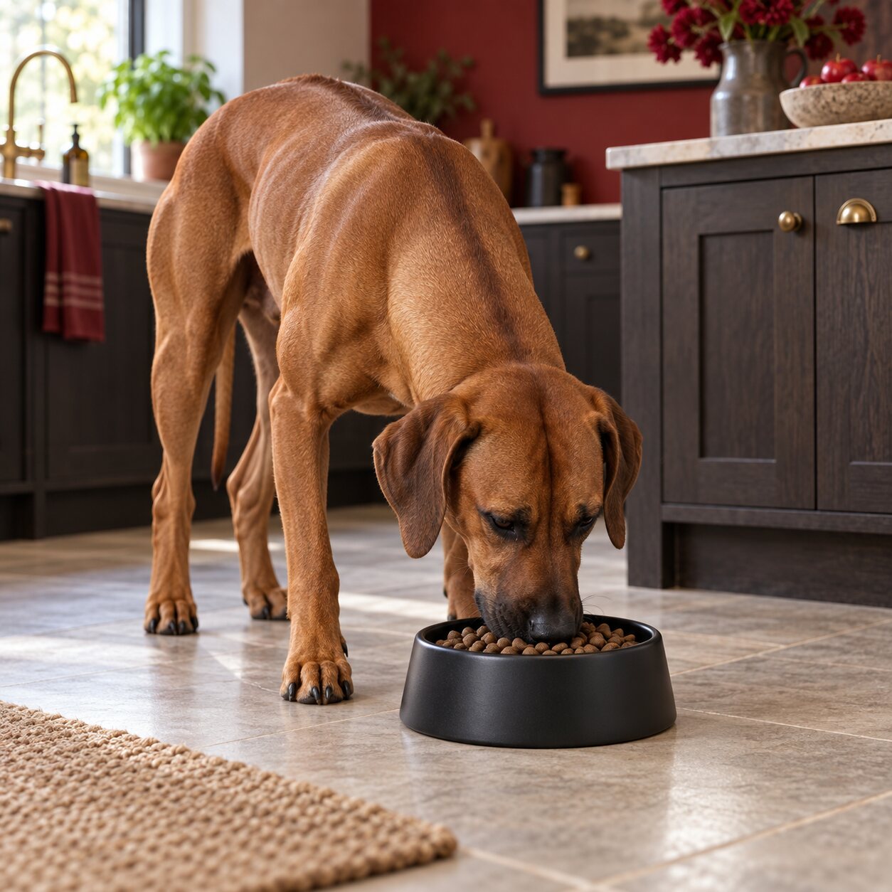 Adult Rhodesian Ridgeback eating Angus Beef kibble from a black bowl at home