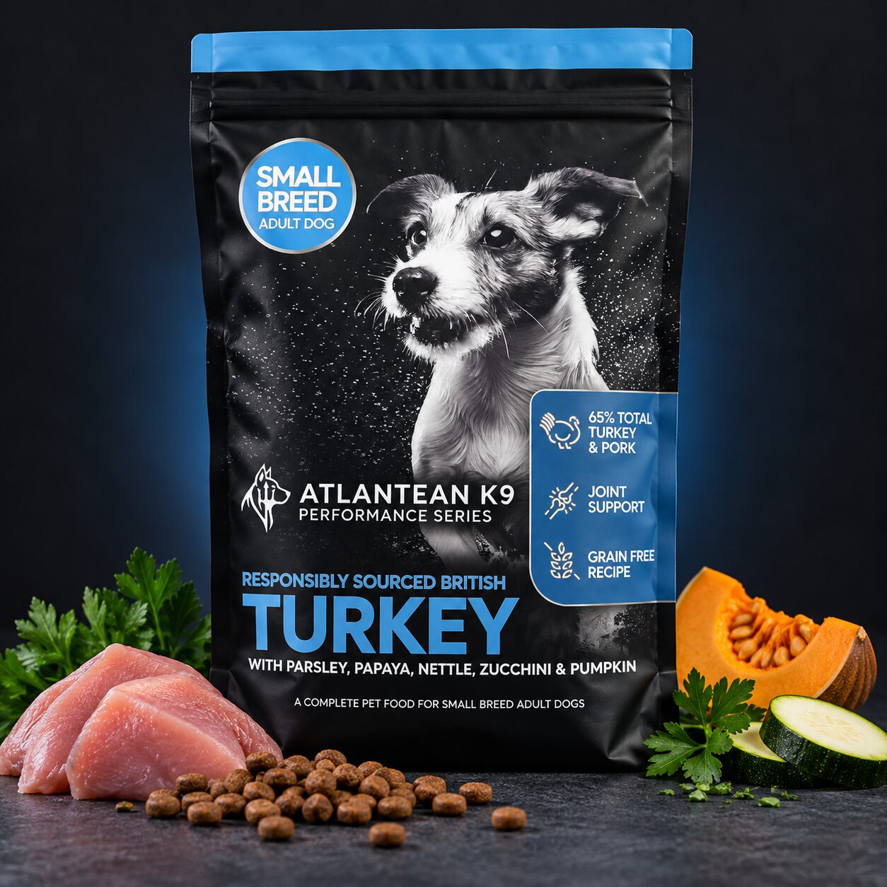 Atlantean K9 British Turkey Small Breed Adult dog food bag with turkey, pumpkin, parsley and small kibble