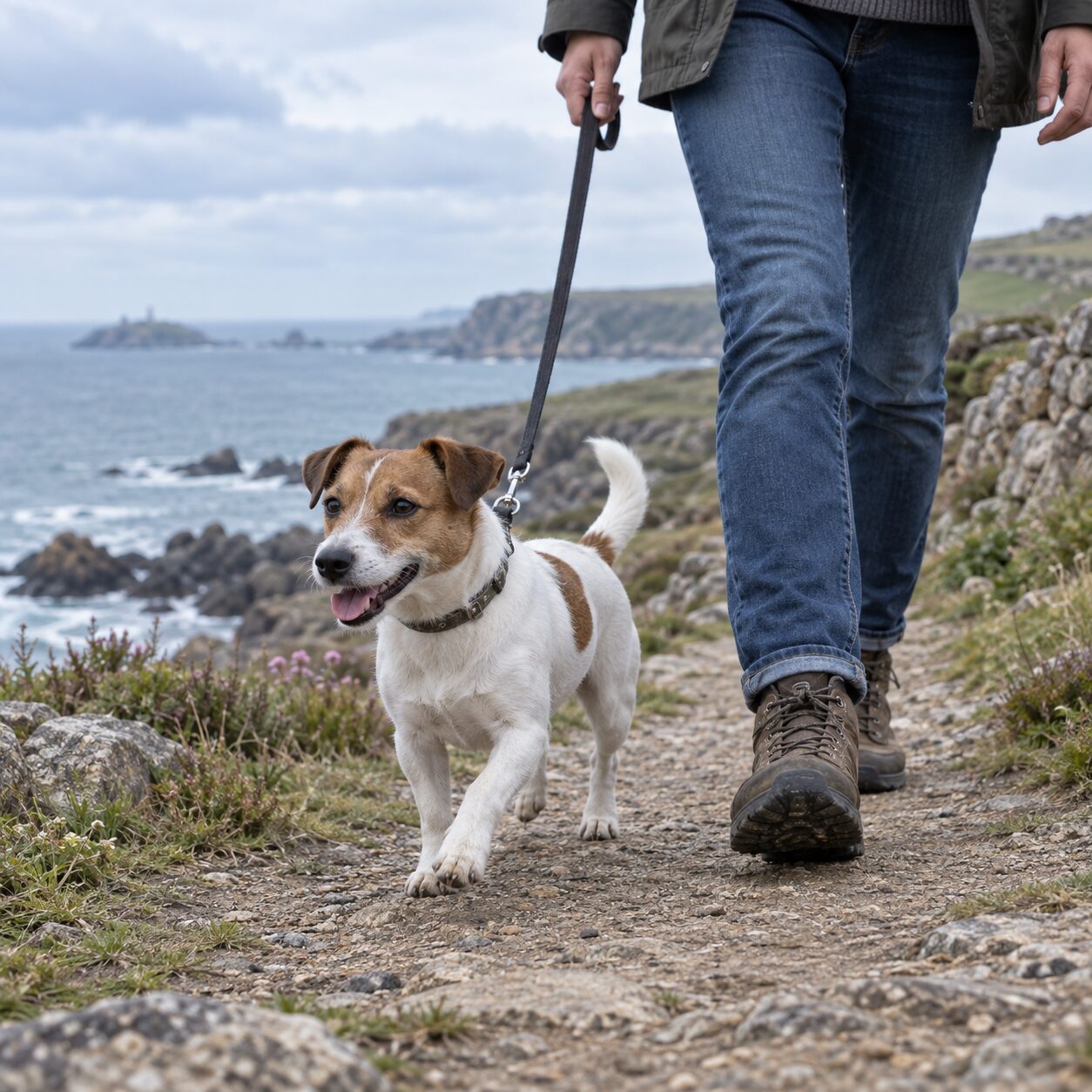 Adult Jack Russell terrier walking beside its owner on a British coastal path